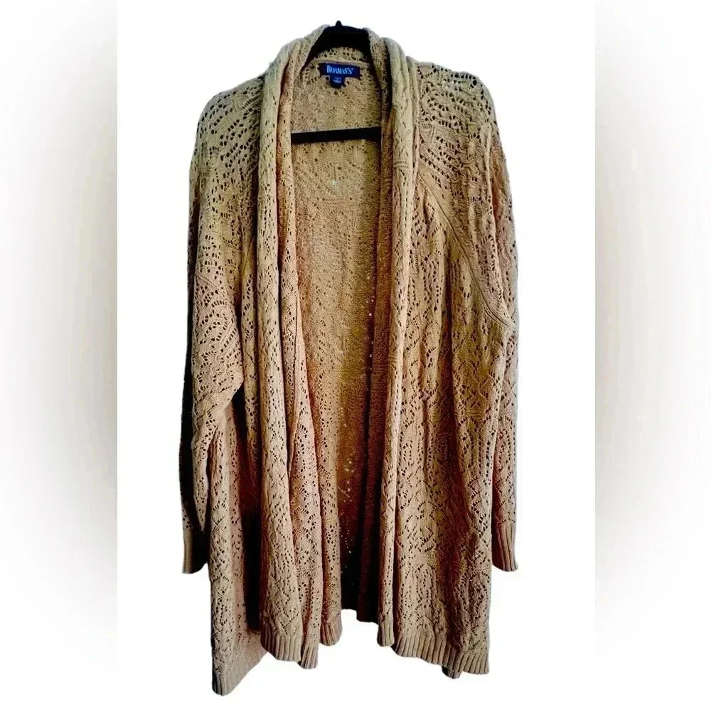 Roaman’s Pointelle Cardigan, Size 1X (22/24), Soft Camel - Picture 3 of 6